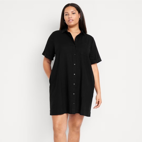 Old Navy Women’s Linen-Blend Dress Button-Down Midi Black Short Sleeve Size M - Picture 3 of 7